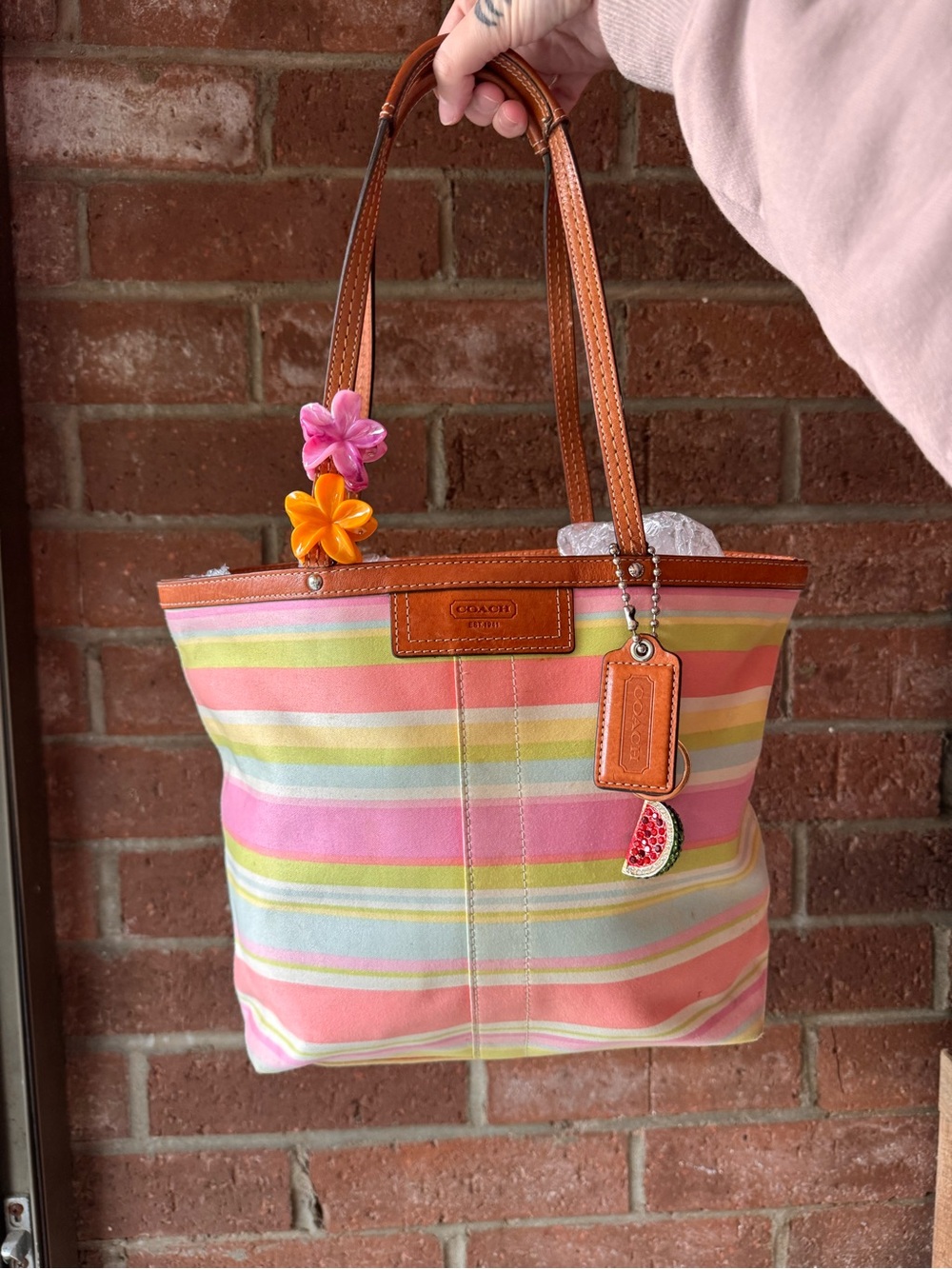 Coach Multicolor Striped Pink Canvas Tote with Brown Leather Trim